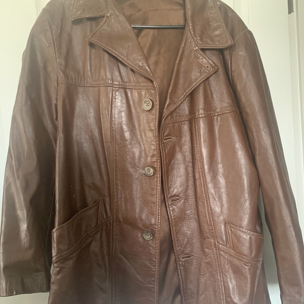 Mens Classic Casual Brown Leather Jacket Button Up Size Large